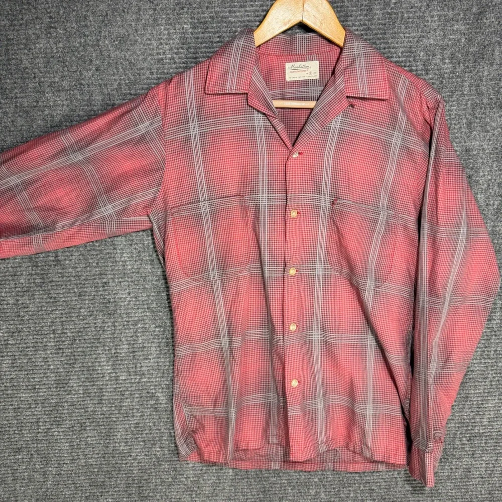 VTG 60s Manhattan Mansmooth Red Shadow Plaid Loop Collar Cotton Shirt Mens Small